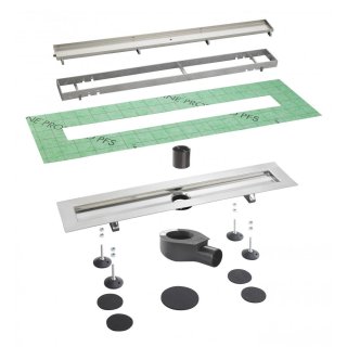PROCHANNELs-line Systempaket 700mm, Edelstahl V2A, mit fester Dichtmanschette incl. Fliesenmulde, Rahmen,
