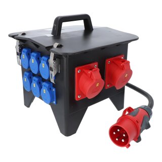 Mobilverteiler, Stromverteiler SPITZ Model 7, 400V 32A, 1x CEE 32A, 1x CEE 16A 12x Schuko IP54 mit FI-Schalter Vollgummiverteiler