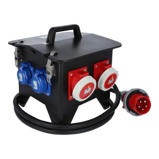 Mobiler Vollgummi-Stromverteiler SPITZ Model 10 - Anschlussleitung H07RN-F 2 Meter 5G 6,0 mm² 400V 32A auf 1x CEE 32A 2x CEE 16A 3x SCHUKO 16A 1x FI 63A/4,0/0,03A Schutzklasse IP67/IP54