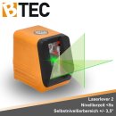 BTEC Kreuzlinienlaser grün 15 m, selbstnivellierend, IP55 – Linienlaser für Innenausbau, Fliesen & Boden mit 1/4" Stativgewinde, inkl. Tasche & 2x AA-Batterien