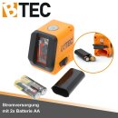 BTEC Kreuzlinienlaser grün 15 m, selbstnivellierend, IP55 – Linienlaser für Innenausbau, Fliesen & Boden mit 1/4" Stativgewinde, inkl. Tasche & 2x AA-Batterien